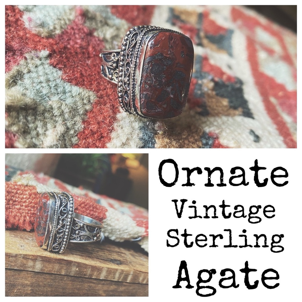 Vintage Sterling Silver .925 Rust Agate Statement Ring